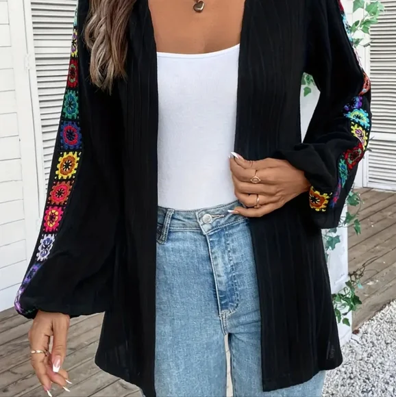 LAST ONE! Ladies Polyester Knit Long Sleeve  Cardigan Sweater. BLK Multi Colors - Picture 4 of 4